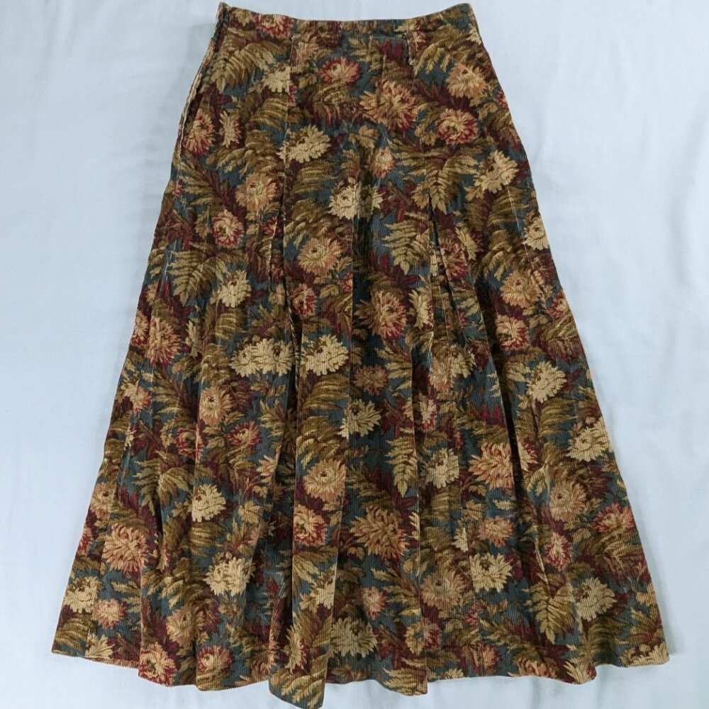 VTG Floral and Fern Corduroy Burgundy Green Side Button Maxi Skirt Folk Cottage - Picture 4 of 8